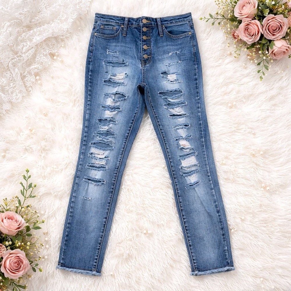 Elite Jeans Curvy High Rise Distressed Skinny‎ Jeans Button Fly Blue 13/14